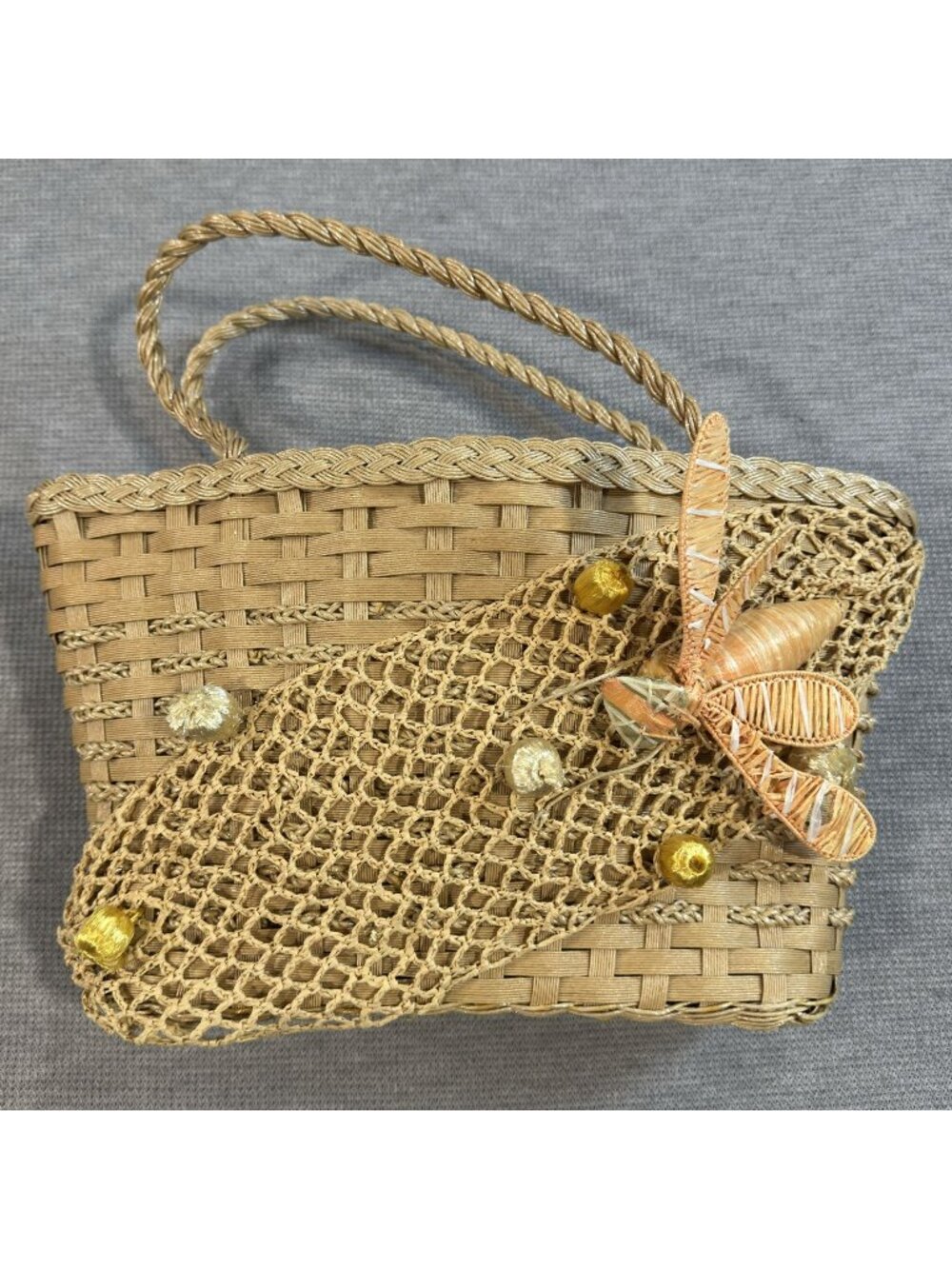 Vintage K&G Charlet Dragonfly Basket Purse Woven Raffia Handbag 1960s Japan